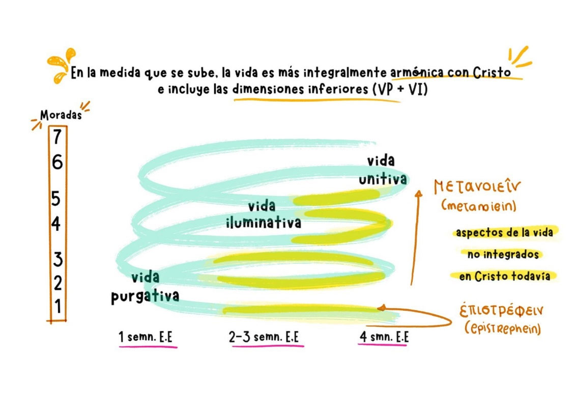 Imagen de un camino sinuoso rodeado de naturaleza que simboliza el proceso de conversión espiritual, destacando el movimiento en espiral hacia un destino elevado.