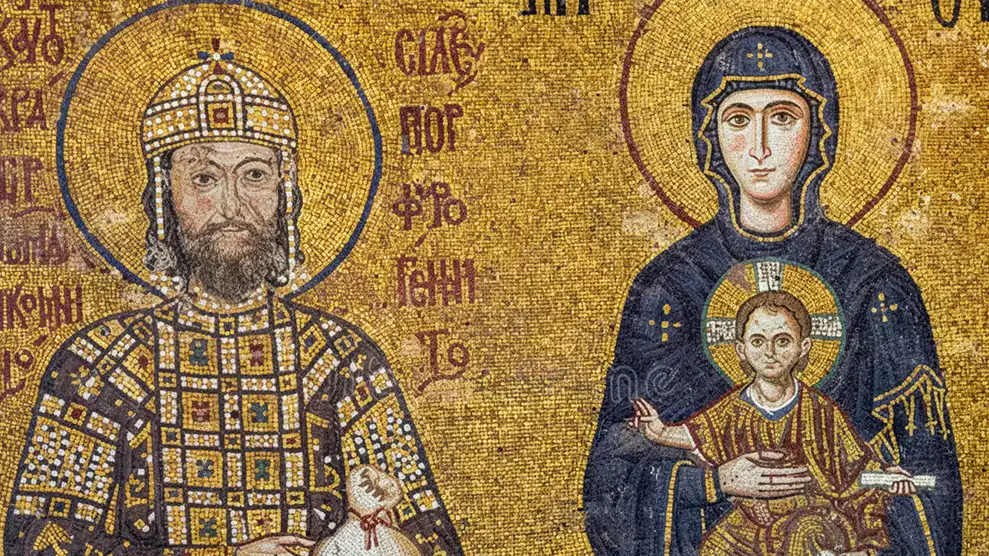 Mosaico bizantino tradicional con la Virgen María y el Niño Jesús, portada del curso de iconografía bizantina en Madrid organizado por Maranatha