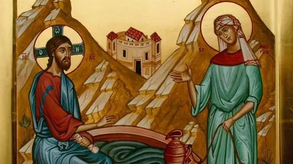 Icono bizantino de Jesús conversando con la mujer samaritana junto al pozo de Jacob - Juan 4